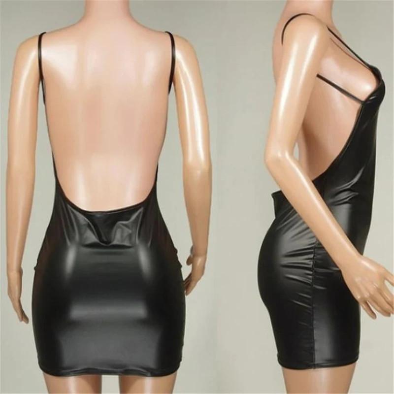 Vestido Corto Sexy De Piel Sintética Con Espalda Descubierta De Fiesta Ajustado