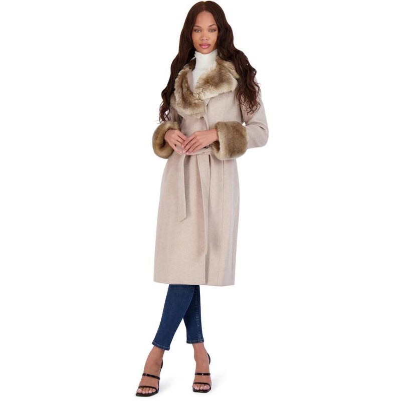 Via Spiga Women's Long Wool Wrap Coat With Faux Fur Trim