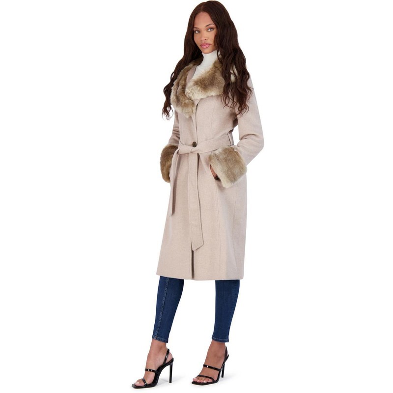 Via Spiga Women's Long Wool Wrap Coat With Faux Fur Trim