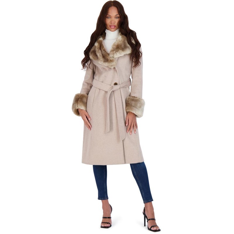 Via Spiga Women's Long Wool Wrap Coat with Faux Fur Trim Via Spiga Women's Long Wool Wrap Coat with Faux Fur Trim