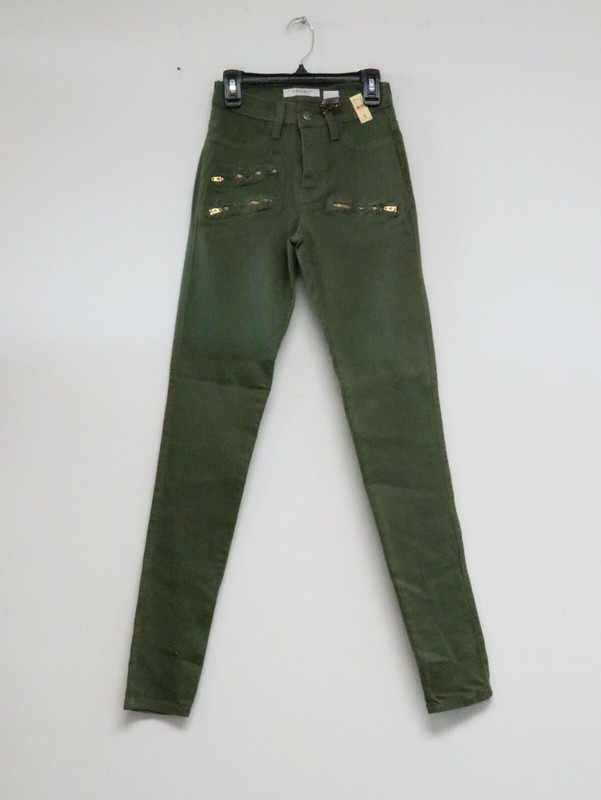 Vibrant MIU Jeans Juniors 1 Green Solid Front Zip Skinny p1018 24x29