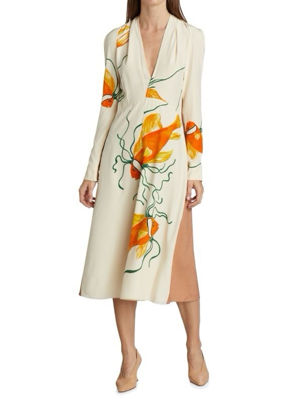 Victoria Beckham Gold Fish Print Silk Midi Dress Size S