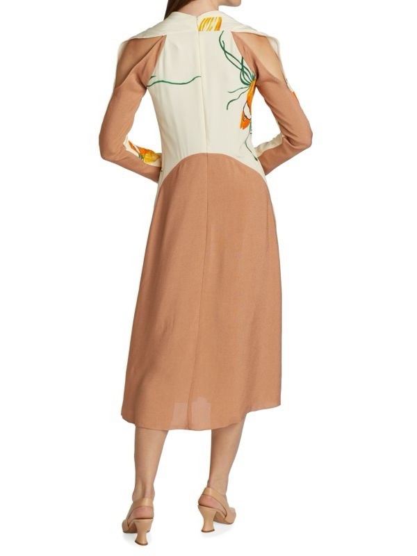 Victoria Beckham Gold Fish Print Silk Midi Dress Size S