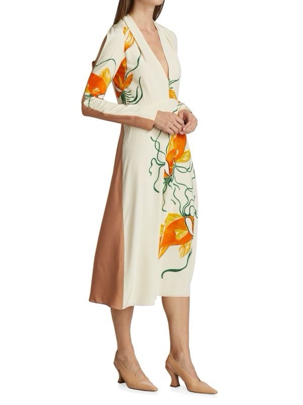 Victoria Beckham Gold Fish Print Silk Midi Dress Size S