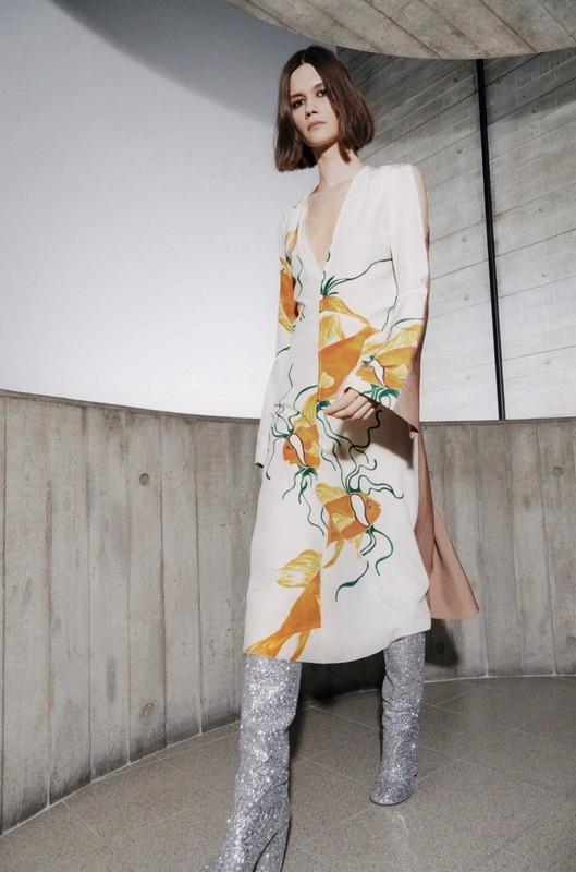 Victoria Beckham Gold Fish Print Silk Midi Dress Size S