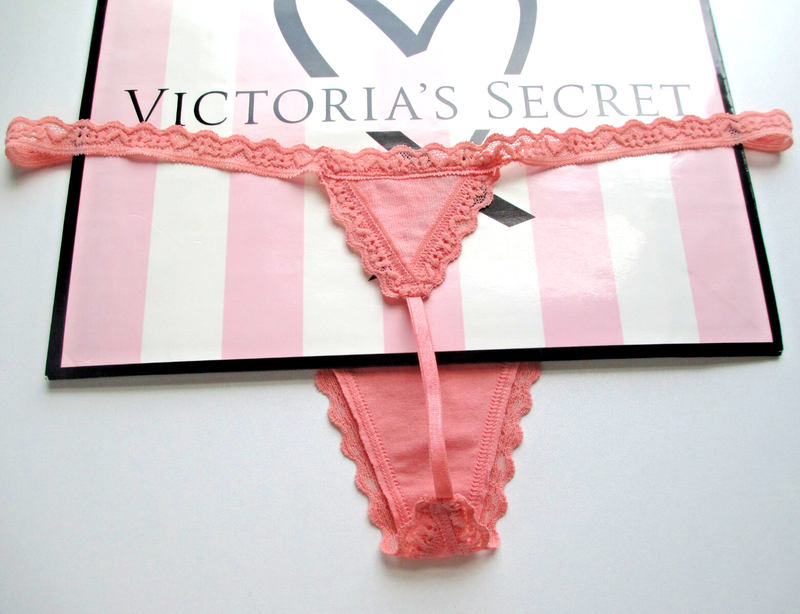 VICTORIA'S SECRET Cotton V-String Thong Panty VS Lace Trim S M L XL Orange Peach