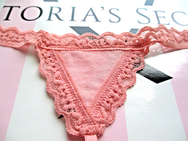 VICTORIA'S SECRET Cotton V-String Thong Panty VS Lace Trim S M L XL Orange Peach