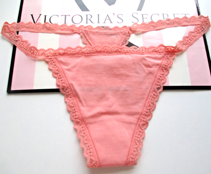 VICTORIA'S SECRET Cotton V-String Thong Panty VS Lace Trim S M L XL Orange Peach