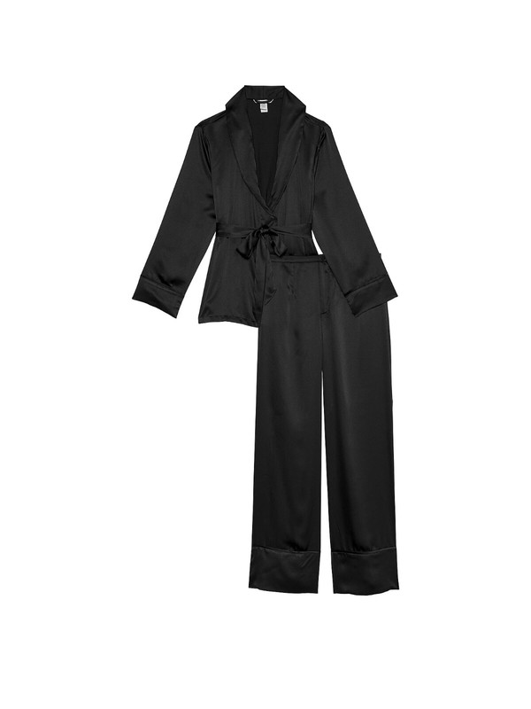 Victoria's Secret Dream Satin Wrap Top & Bottom Long Pajama Set Black NWT
