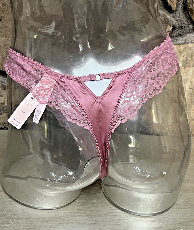 Victoria's Secret Satin & Lace High Leg THONG Panty MAUVE Sz M NWT$16.95