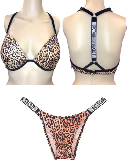 VICTORIA'S SECRET SHINE STRAP MALIBU FABULOUS LEOPARD PUSH-UP SWIM TOP + BOTTOM
