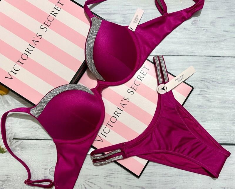 Victoria's Secret Shine Trim Swim Very Sexy Push-Up Double Brazilian Set Pink