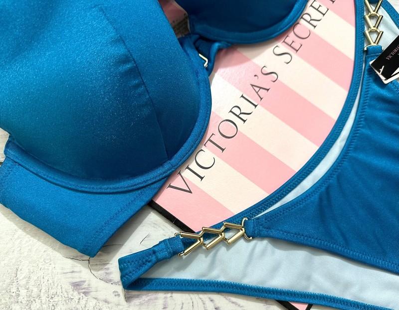 VICTORIA'S SECRET SWIM Metal CHAIN Push Up Top Bra Bikini Set Blue