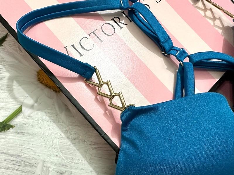 VICTORIA'S SECRET SWIM Metal CHAIN Push Up Top Bra Bikini Set Blue
