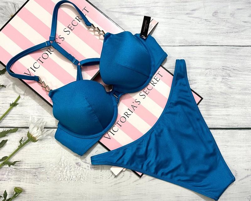 VICTORIA'S SECRET SWIM Metal CHAIN Push Up Top Bra Bikini Set Blue