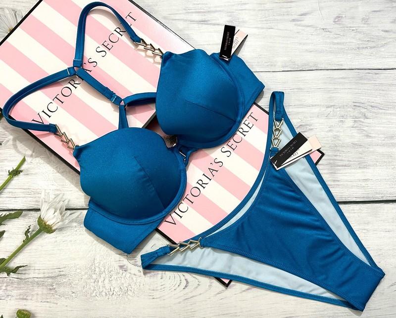 VICTORIA'S SECRET SWIM Metal CHAIN Push Up Top Bra Bikini Set Blue