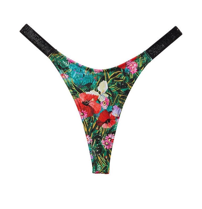 Victoria's Secret Swim Rhinestone Shine Strap Thong Bikini Bottom Floral NWT