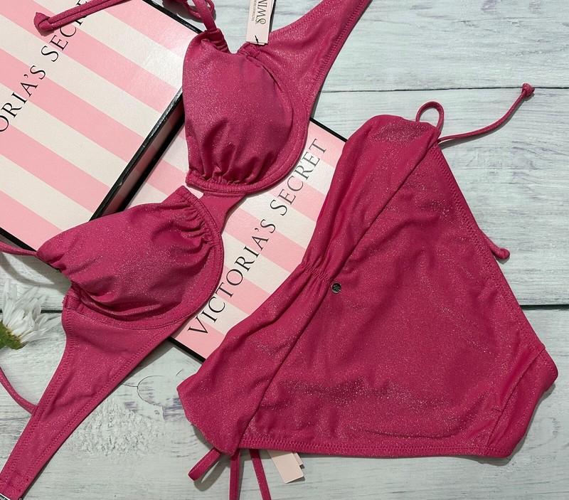 VICTORIA'S SECRET SWIM Ruched Shimmer Push Up Top Bra Bikini Set Pink