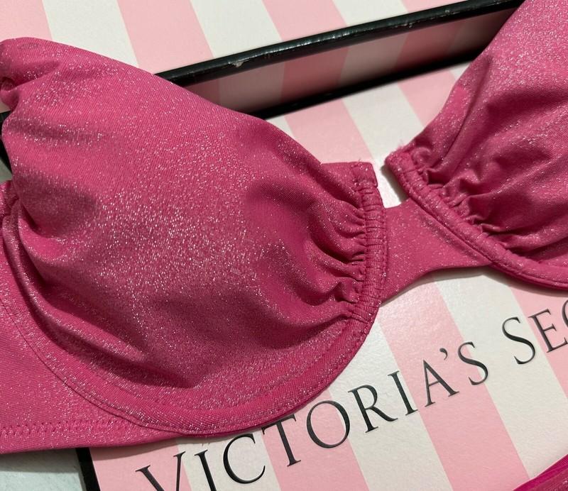 VICTORIA'S SECRET SWIM Ruched Shimmer Push Up Top Bra Bikini Set Pink