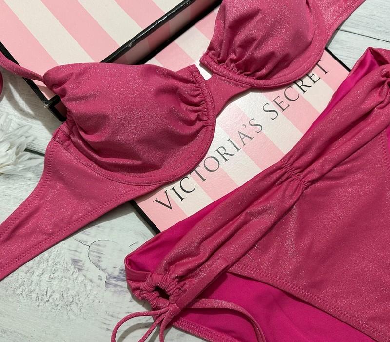 VICTORIA'S SECRET SWIM Ruched Shimmer Push Up Top Bra Bikini Set Pink