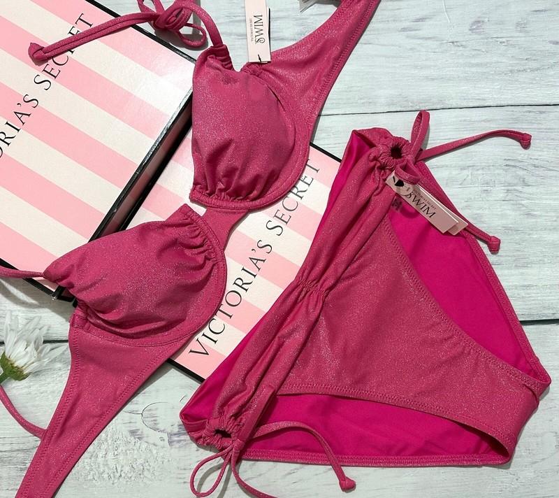 VICTORIA'S SECRET SWIM Ruched Shimmer Push Up Top Bra Bikini Set Pink