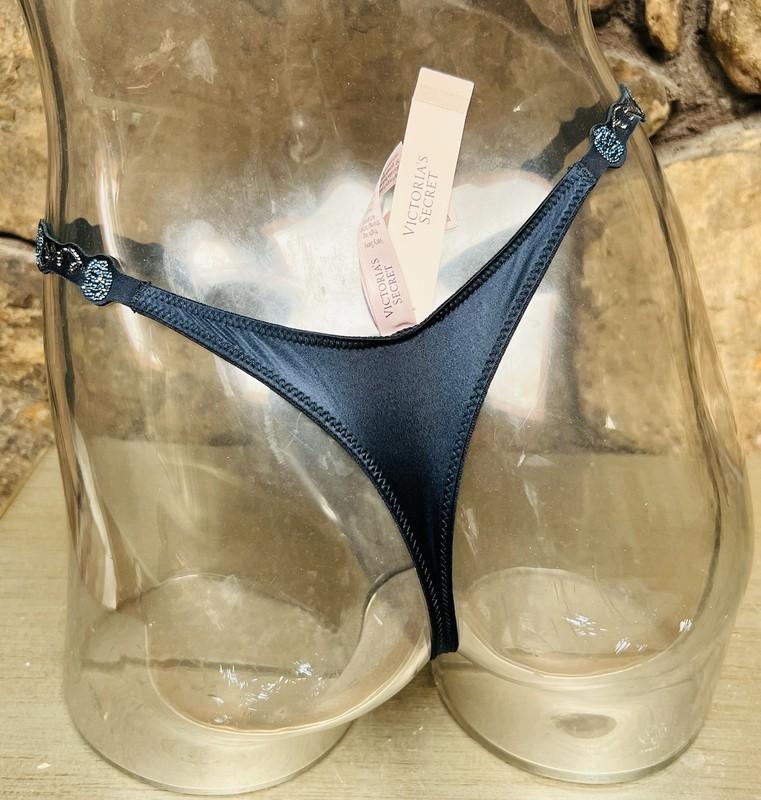 Victoria's Secret VERY SEXY Novelty Shine Strap Satin THONG Panty Sz S NAVY NWT