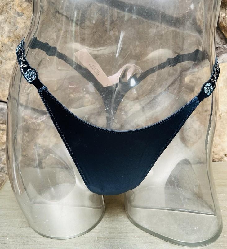 Victoria's Secret VERY SEXY Novelty Shine Strap Satin THONG Panty Sz S NAVY NWT