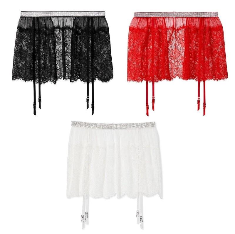 VICTORIA'S SECRET VERY SEXY SHINE STRAP LACE SKIRT w/ GARTERS SHEER XS/S M/L NWT