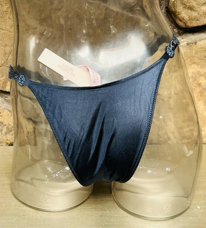 Victoria's Secret VERY SEXY Shine Strap Satin BRAZILIAN Panty Sz S NAVY NWT$24