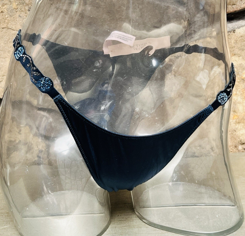 Victoria's Secret VERY SEXY Shine Strap Satin BRAZILIAN Panty Sz S NAVY NWT$24