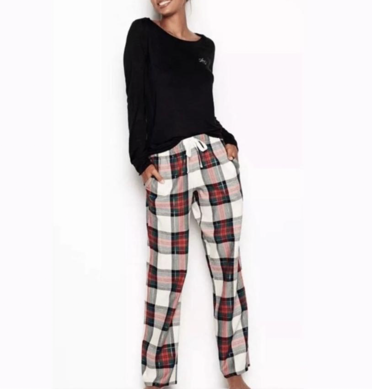 VICTORIA'S SECRET WOMEN'S GREEN RED PLAID FLANEL POCKETS PAJAMA PANT Sz L