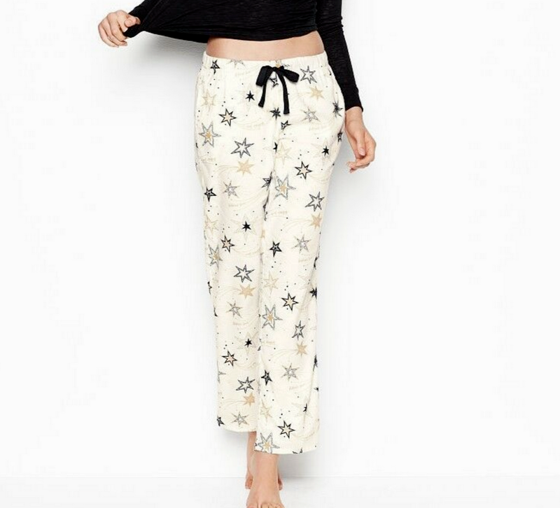 VICTORIA'S SECRET WOMEN'S WHITE STARS PRINT FLANEL POCKETS PAJAMA PANT Sz L