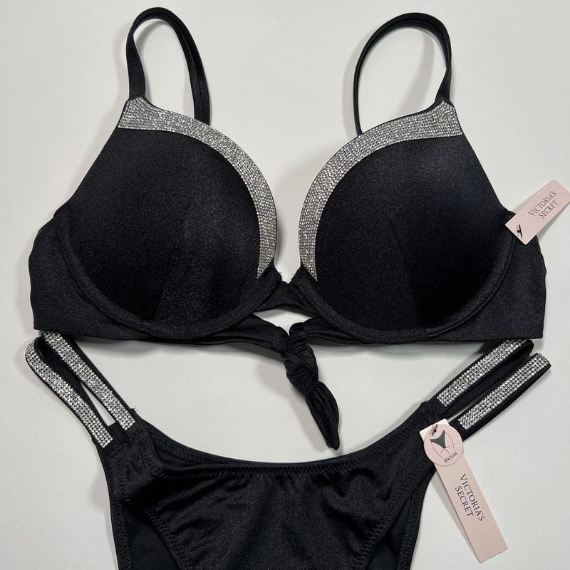 Victoria Secret 36C L VERY SEXY Push Up Bikini Top Bottom Set Shine Strap Black