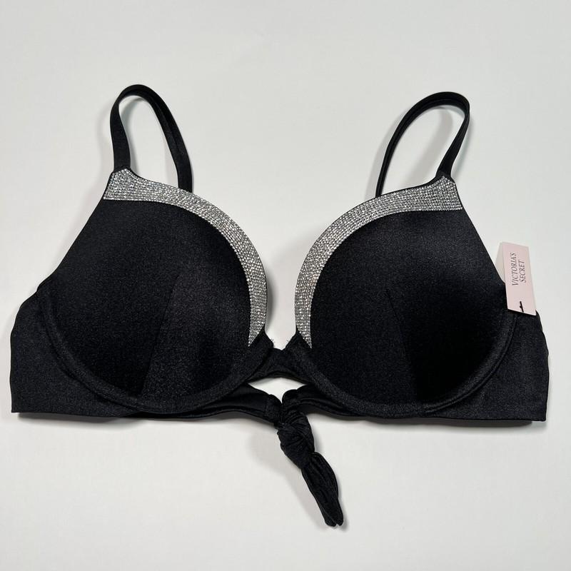 Victoria Secret 36C L VERY SEXY Push Up Bikini Top Bottom Set Shine Strap Black