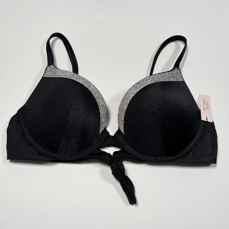 Victoria Secret 36C L VERY SEXY Push Up Bikini Top Bottom Set Shine Strap Black