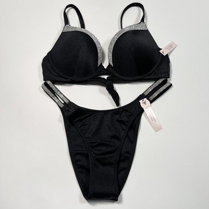 Victoria Secret 36C L VERY SEXY Push Up Bikini Top Bottom Set Shine Strap Black