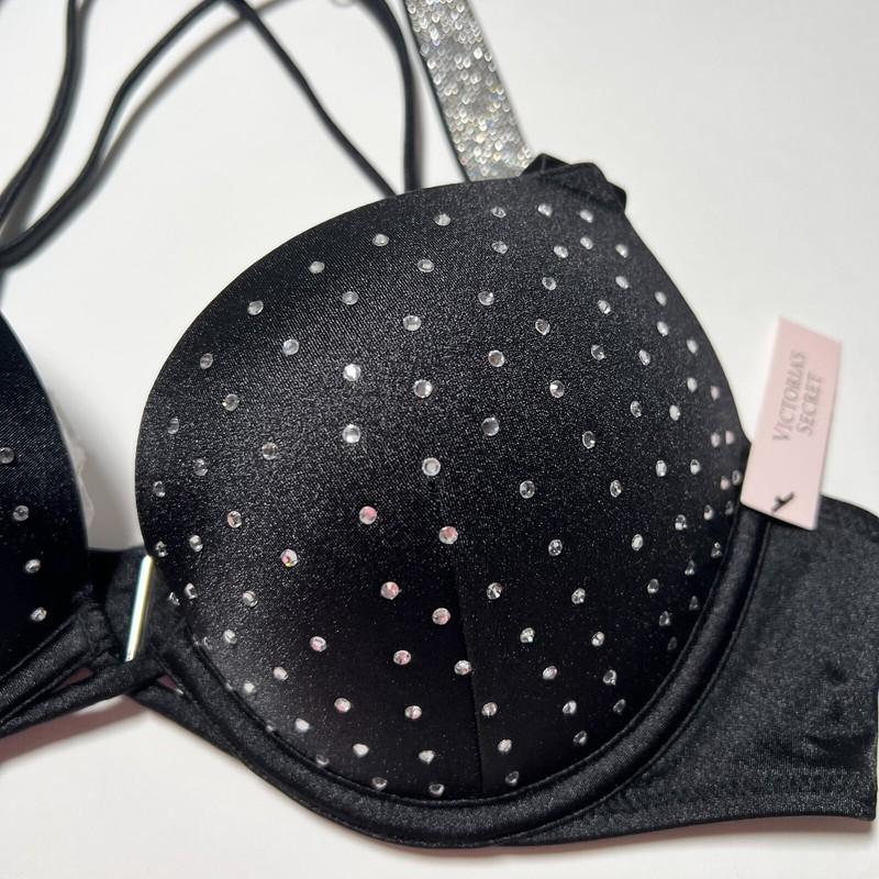 Victoria Secret 36DD Bombshell Push Up Bikini Top Glam Cups Shine Strap Black