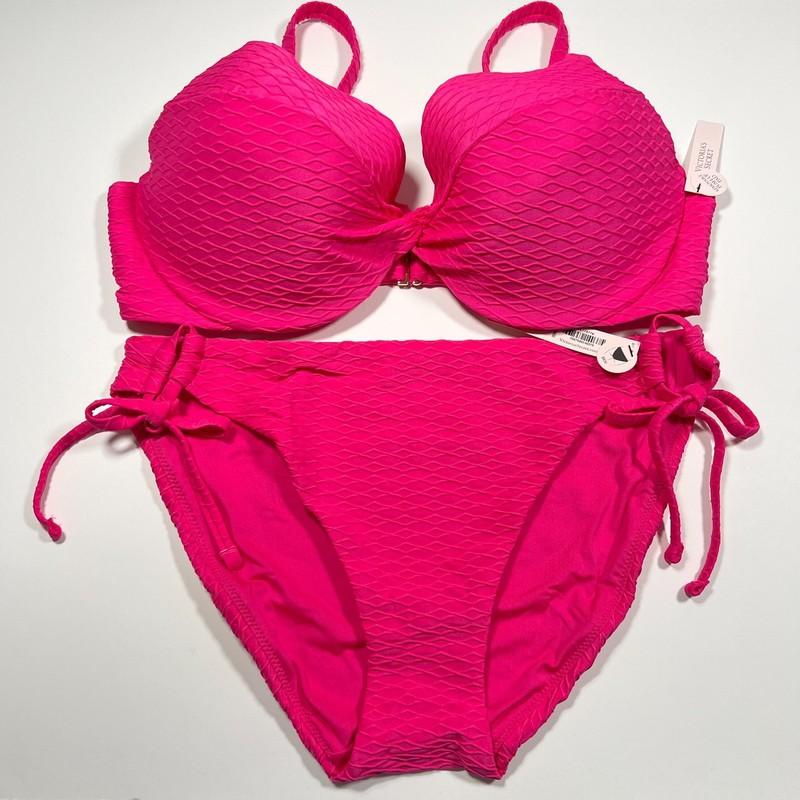 Victoria Secret 38D L TWIST FRONT Push Up Bikini Top Bottom Set Textured Pink