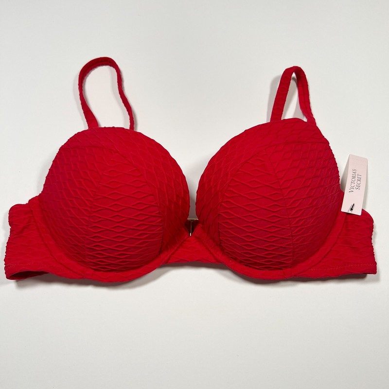 Victoria Secret 38DD SEXY TEE Push Up Bikini Top Underwire Textured Lipstick Red