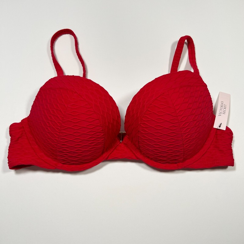 Victoria Secret 38DD SEXY TEE Push Up Bikini Top Underwire Textured Lipstick Red