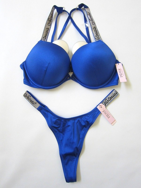 Victoria Secret BOMBSHELL SHINE Script THONG BIKINI SWIM SUIT 34 B 36 C D M Set