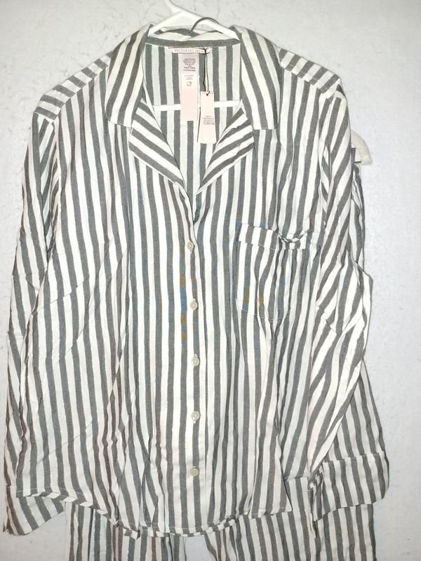 Victoria Secret Cotton Flannel Gray Stripe PANTS PAJAMA SET 2 Pc NEW XL L M S