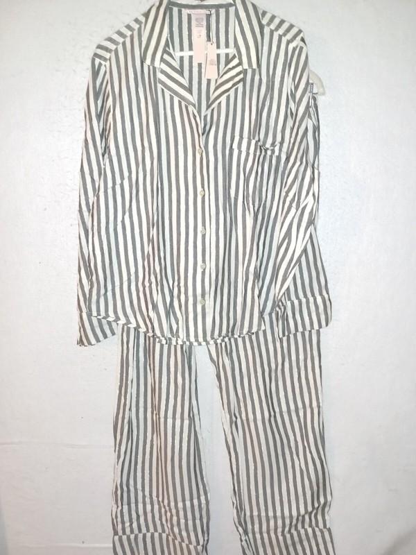 Victoria Secret cotton flannel Gray Stripe PANTS PAJAMA SET 2 pc NEW XL L M S