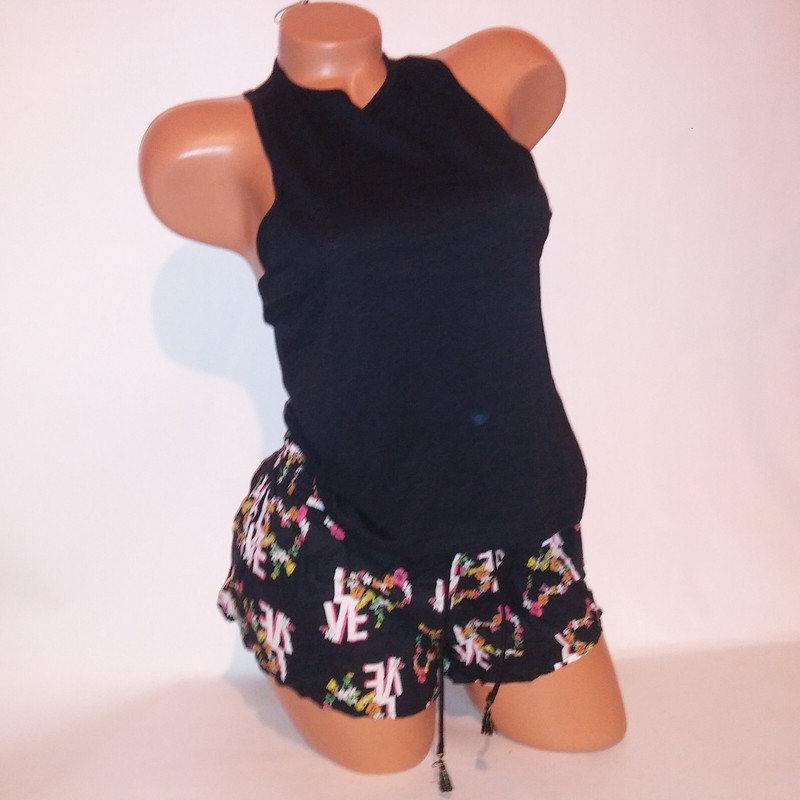 Victoria Secret Pajama Set Sleepwear Tank Top & Shorts XS Black Floral Hearts