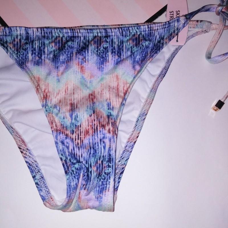 Victoria Secret Swim Bikini Bottom Skimpy String Blue Pink Shimmer Tie Up New
