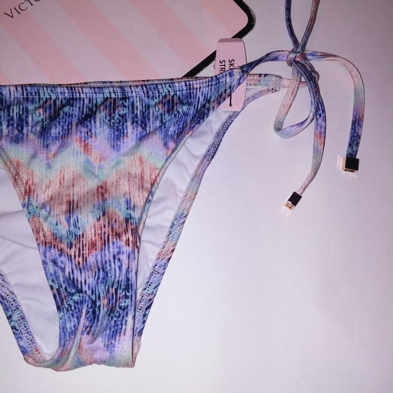 Victoria Secret Swim Bikini Bottom Skimpy String Blue Pink Shimmer Tie Up New