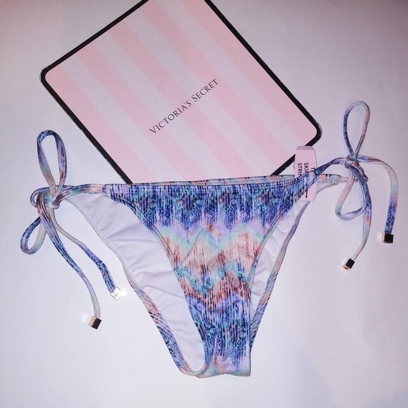 Victoria Secret Swim Bikini Bottom Skimpy String Blue Pink Shimmer Tie Up New