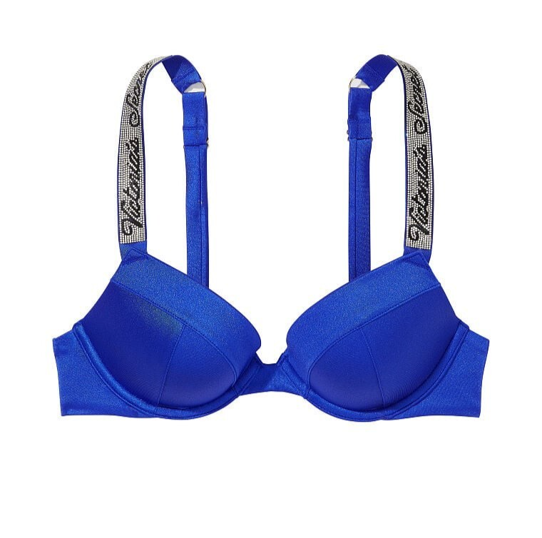 VICTORIA SECRET Swim Shine Strap Push Up Bikini Top 38C 38DD Blue Rhinestone $70