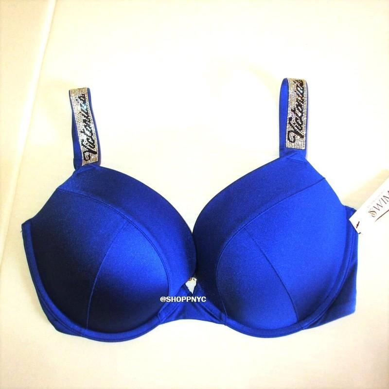 VICTORIA SECRET Swim Shine Strap Push Up Bikini Top 38C 38DD Blue Rhinestone $70