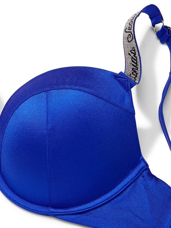 VICTORIA SECRET Swim Shine Strap Push Up Bikini Top 38C 38DD Blue Rhinestone $70